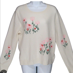 Cynthia Rowley Cream Cashmere Embroiderd and Crew Neck Sweater Sz L
